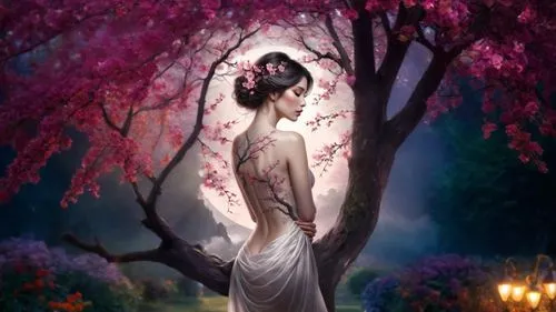 persephone,fantasy picture,faerie,cherry blossom tree,faery,the cherry blossoms,lilac tree,cherry tree,fairy queen,oriental princess,nightdress,the plum flower,blossom tree,fantasy art,plum tree,secret garden of venus,lilac blossom,cherry trees,girl in a long dress,apricot blossom