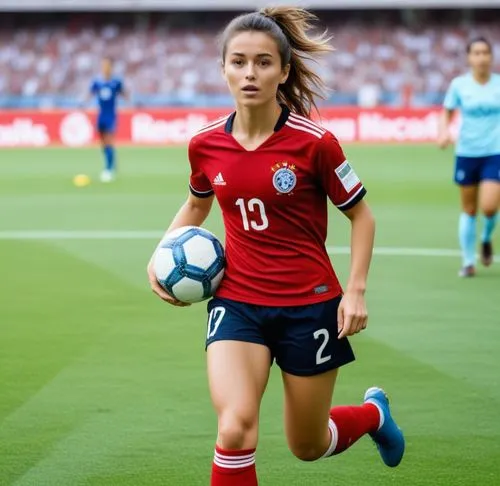 Same person wearing soccer cleats, soccer socks, soccer pants. She scored a goal on a soccer pitch and is holding her soccer jersey in her hand while running up the pitch near the crowd,a woman is pla