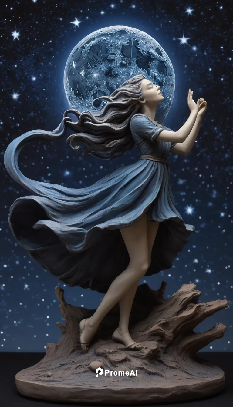 Sculpt a whimsical clay figure dancing under a starry night sky.,mother earth statue,blue moon rose,moonbeam,howling wolf,horoscope libra,mother earth,the zodiac sign pisces,blue moon,constellation wo