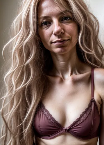 Pale Northern European woman aged about 27 with long wavy blonde hair and two moles on her neck and chin. She wears an underwired whie soft bra.,blonde woman,mariah carey,female hollywood actress,fema