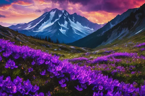 purple landscape,alpine flowers,the valley of flowers,alpine flower,splendor of flowers,alpine meadow,mountain landscape,purple flowers,bernese alps,purple wallpaper,violet flowers,japanese alps,mountain meadow,flower background,mount saint helens,field of flowers,landscape background,flower field,landscape mountains alps,mountain scene,Conceptual Art,Oil color,Oil Color 21