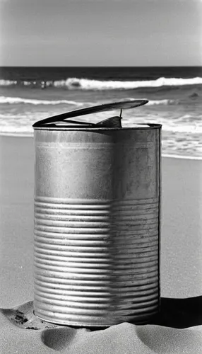 Imagine a round tin can on a sunny beach, feeling the warmth.,round tin can,wooden bucket,tin can,tin cans,automotive piston,sand bucket,life buoy,beach furniture,stainless steel,churning,wooden bucke