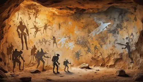 archeologic find on a prehistoric cave wall  of (a dirty fade prehistoric cave painting scene) made of  one floating robot silouhette and one fade flying rocket silhouette,  fade space ships,   (in a 