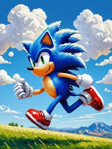 Sonic, blue anthropomorphic hedgehog, 8-bit pixel art, small size, running pose, white gloves, red shoes, green grassy plains, sunny day, clear blue sky, fluffy white clouds, simple background, retro 