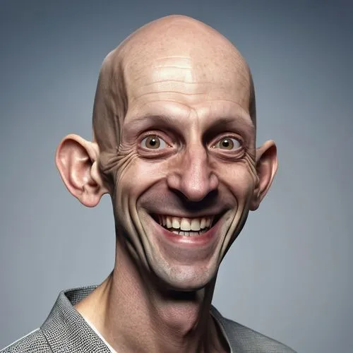 Thin tall pale crazy middle aged insane bald man with wide huge eyes and wide huge smile with cheekbones with huge ears and nose ,peterbald,gerbien,lokportrait,gandhi,male elf,adam,zuccotto,tom,hag,cg