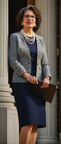 Washington D.C. city council building, grand architecture, columns, dome roof, American flag waving, mature lady politician, formal wear, pearl necklace, curly brown hair, glasses, confident posture, 