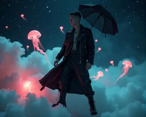 closeup portrait shot of a magical guy landing on cloud puffs in a dark starry night, he is wearing a dark shades gothic dramatic deconstructed outfit, holding a small black lace embroidery umbrella. 