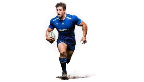 Muscular man, rugby player, dynamic pose, athletic build, sweaty skin, messy short hair, intense facial expression, worn-out rugby jersey, torn pants, muddy boots, holding rugby ball, running, jumping