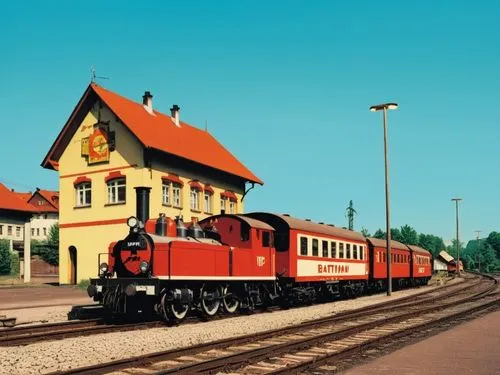 In the comic screen-printing style of BATMAN MAGAZINE: a station scene in the former "German Democratic Republic" (East Germany).,the bavarian railway museum,erstfeld train station,firstfeld depot,eis