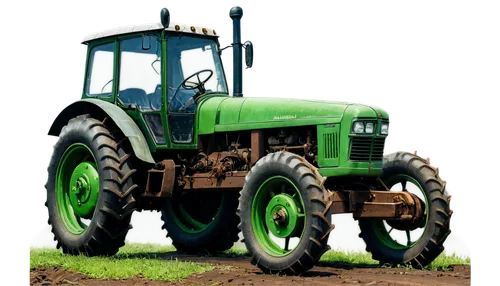 Farm tractor, green body, metal wheels, steering wheel, driver's seat, rustic rural background, morning sunlight, slight fog, 3/4 composition, shallow depth of field, warm color tone, cinematic lighti