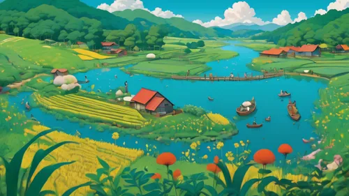 mushroom landscape,studio ghibli,alpine pastures,vegetables landscape,meadow landscape,french digital background,landscape background,salt meadow landscape,home landscape,boat landscape,background vector,cartoon video game background,clover meadow,dutch landscape,river landscape,fairy village,children's background,vegetable field,the valley of flowers,springtime background,Illustration,Japanese style,Japanese Style 16