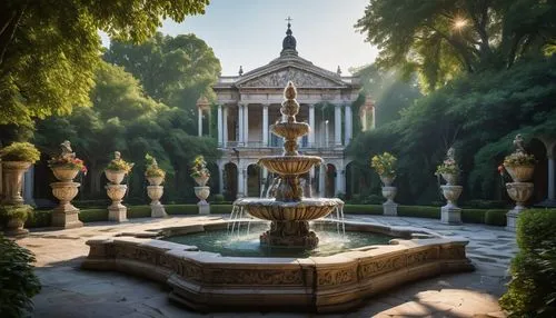 Baroque-inspired grand fountain, ornate stone carvings, intricate details, majestic columns, symmetrical architecture, serene water features, surrounding lush greenery, vibrant flowers, marble statues