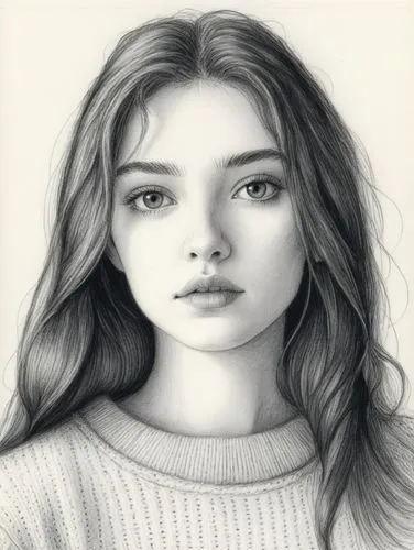 一位女生，长发，白色毛衣，黑白，素描,a pencil drawing of a woman in grey sweater,girl portrait,girl drawing,graphite,portrait of a girl,pencil drawing,digital painting,behenna,digital drawing,mystical portrait of a gir