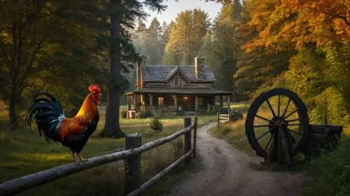 autumn chores,country cottage,autumn idyll,chicken coop,autumn landscape,rural landscape,a chicken coop,fantasy picture,farmstead,autumn background,cockerel,farm landscape,fall landscape,home landscape,autumn morning,one autumn afternoon,farm hut,country house,autumn scenery,red barn