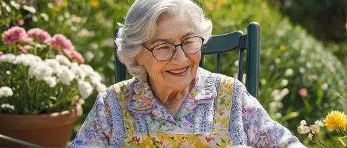 AI granny, elderly woman, warm smile, wrinkled face, silver hair, glasses, floral dress, apron, knitting needles, yarn, rocking chair, garden background, flowers, sunny day, soft lighting, 3/4 composi