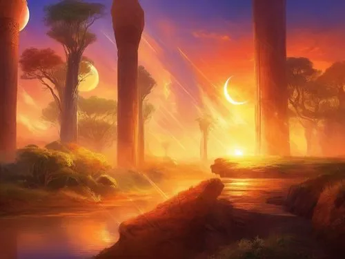 sunset at africa,fantasy landscape,riverclan,morrowind,firelands,asheron,dusk background,mushroom landscape,devilwood,landscape background,scorched earth,desert landscape,backgrounds,starclan,cartoon 