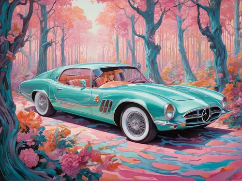 Imagine a suspenseful getaway as a criminal escapes in a stolen fast car through a dense forest.,ac cobra,ferrari 250,bmw 507,bmw 501,300 sl,300sl,mercedes-benz 190sl,mercedes-benz 190 sl,mercedes ben