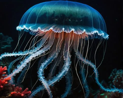 Deep-sea jellyfish, giant, glowing blue umbrella body, long, thin, transparent tentacles, sharp white teeth, glowing red eyes, bioluminescent spots, dark ocean floor, coral reef, seaweed, school of sm