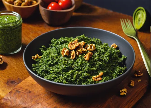 Kale Pesto with Toasted Walnuts,gremolata,freekeh,creamed spinach,saag,callaloo,moringa,lacinato kale,tabbouleh,chips from kale,kale,chimichurri,rapini,mustard greens,za'atar,pesto,cruciferous vegetab