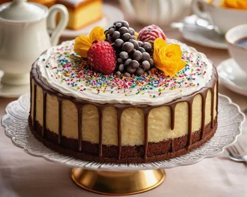 Delicious die-hard cake, golden crust, moist chocolate interior, creamy frosting, sprinkles on top, decorative cake stand, white tablecloth, afternoon tea setting, warm lighting, shallow depth of fiel