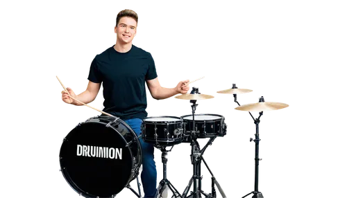 Drummer, male, young adult, dynamic pose, energetic expression, drumsticks in hand, black drums, metallic shine, studio setting, softbox lighting, shallow depth of field, 3/4 composition, warm color t