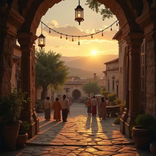 Rural theater, evening scene, sunset glow, warm golden light, Byzantine architectural elements, intricate stone carvings, ornate mosaics, rustic wooden doors, old lanterns hanging from trees, village 