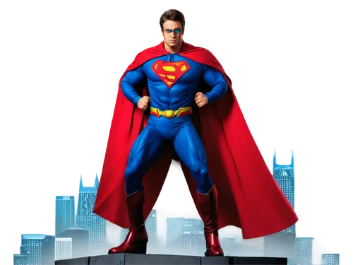 DC Comics superhero, solo, dynamic pose, muscular build, iconic logo on chest, colorful costume, cape flowing in wind, determined facial expression, intense eyes, cityscape background blurred out, low