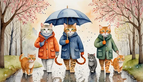 rain cats and dogs,walking in the rain,fox in the rain,rainy day,cat lovers,cat family,motif,red tabby,fall animals,ginger family,autumn walk,umbrellas,winter animals,rainy season,in the rain,brolly,rain stoppers,rain protection,protection from rain,raincoat,Illustration,Paper based,Paper Based 24