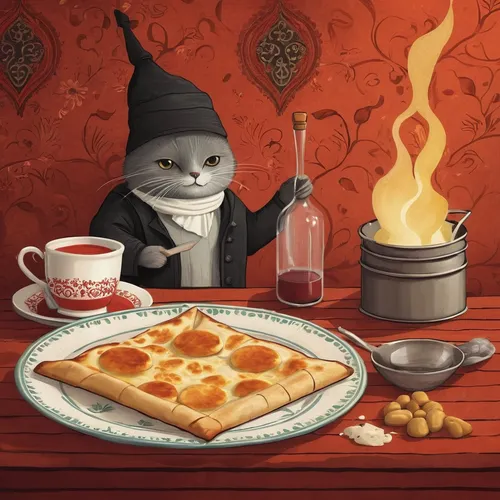 tea party cat,crêpe suzette,crêpe,pizza service,pizzeria,halloween coffee,cat drinking tea,dwarf cookin,saganaki,teatime,cat's cafe,chef,custard tart,pumpkin soup,tea time,caterer,halloween illustration,pizza hut,vasilopita,dark mood food,Illustration,Abstract Fantasy,Abstract Fantasy 02