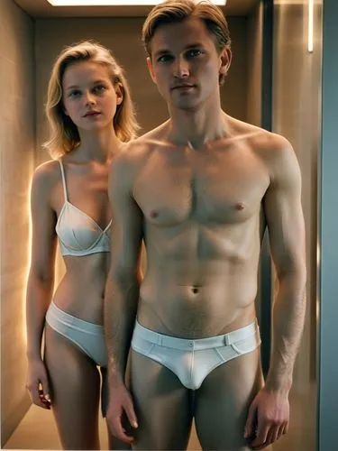 The picture shows a man and a woman in a modern, well-lit interior. ,a man and woman in white underwear are posing for the camera,skarsgard,elgort,lindhardt,hellberg,baryshnikov,goransson