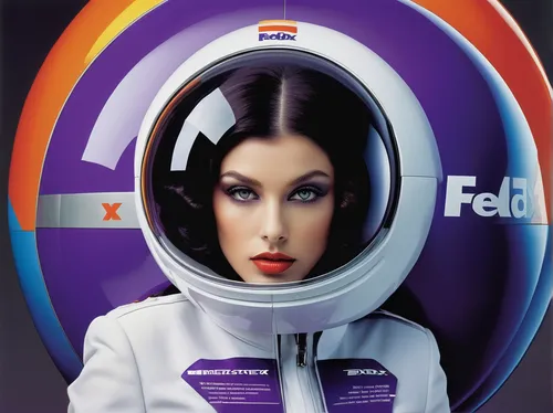 Create a futuristic FedEx poster with a sleek design and vibrant colors.,stewardess,flight attendant,feminine hygiene,lifebuoy,telephone operator,female nurse,advertising campaigns,retro woman,head wo