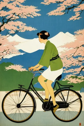 woman bicycle,cyclist,cool woodblock images,bicycling,bicycle,bicycle ride,cycling,bicycle clothing,artistic cycling,travel poster,bike pop art,bicycles,vintage illustration,cyclists,biking,takato cherry blossoms,bicycle jersey,bicycle riding,bike,japanese art,Illustration,Retro,Retro 15