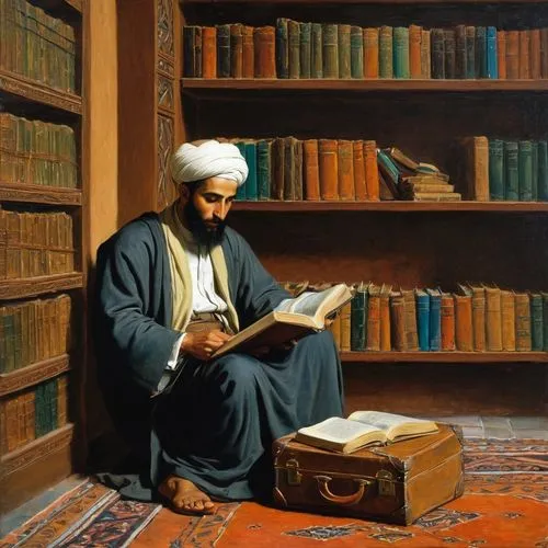 a painting of a arabic man reading a book in a room with a suitcase and a bookcase in front of him, Evaristo Baschenis, academic art, orientalism, a painting,zaytuna,haqiqatjou,ibn,ibn tulun,korans,ma