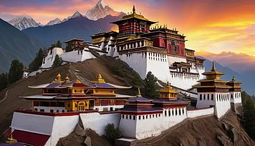 Tibetan temple, majestic, intricate carvings, colorful prayer flags, golden roofs, white walls, red doors, ornate windows, Buddhism-inspired decorations, incense burner, misty mountains in background,