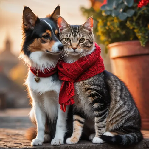 dog - cat friendship,scarf animal,dog and cat,cat lovers,cute animals,scarf,pet vitamins & supplements,cat love,warm heart,tenderness,cat european,cat family,romantic portrait,cute cat,two cats,cat image,warm and cozy,affection,american wirehair,oktoberfest cats,Photography,General,Fantasy