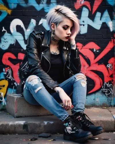 punk,grunge,leather jacket,leather boots,denim,denim jacket,lis,black shoes,leather shoes,leather,wallis day,jean jacket,greta oto,tori,tattoo girl,punk design,ripped jeans,ankle boots,leather shoe,denim background,Conceptual Art,Oil color,Oil Color 17