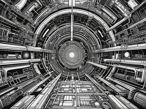 panopticon,biomechanical,escher,industrial tubes,nuclear reactor,panoramical,engine room,the center of symmetry,tubes,cyclocomputer,spherical image,wormhole,ufo interior,metropolis,symmetrical,vertigo,concentric,science-fiction,radial,structure artistic,Illustration,Black and White,Black and White 14