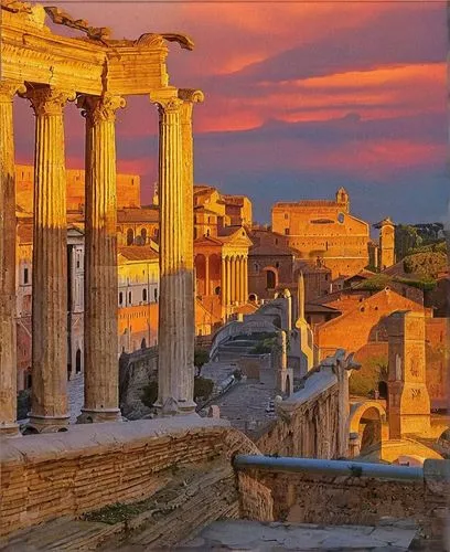 Sunset in Rome, Detailed, Complex.,ancient rome,acropolis,ancient roman architecture,roman ancient,athens,rome,roman forum,ephesus,doric columns,ancient greek temple,hellas,roman history,roma,greece,g