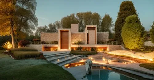 glass bricks natural stone concrete  garden trees wood park landscape sunlight blue sky night view Spotlights night view summer manoir villa people,the steps in front of the house are lit up by torche