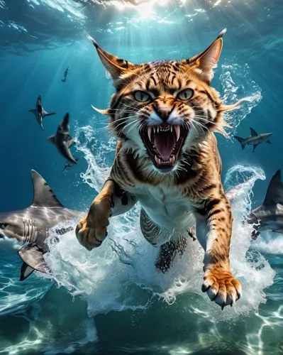 tiger shark,wild cat,tiger cat,toyger,animal photography,marine animal,animal feline,animals hunting,predation,sea animal,god of the sea,photoshop manipulation,photo manipulation,aquatic animal,underwater world,tigerle,amurtiger,aquaman,cat warrior,aquatic animals