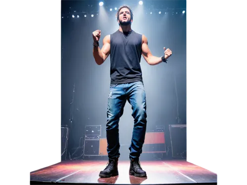 Loudspeaker, DJ equipment, flashing lights, dynamic pose, energetic atmosphere, muscular male, sleeveless shirt, ripped jeans, heavy boots, intense facial expression, sweat droplets, microphone, conce