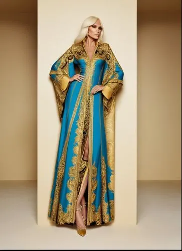 lady in a blue and gold gown posing for the camera,caftan,kaftan,dreamcoat,caftans,rayon,tahiliani,Photography,Fashion Photography,Fashion Photography 06