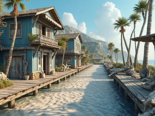 seaside resort,beachfront,fishing village,floating huts,stilt houses,beach resort,cryengine,south pacific,over water bungalows,tropical beach,uncharted,south seas,tahiti,bogart village,bahian,tropical island,polynesia,shorefront,popeye village,tanoa,Photography,General,Realistic