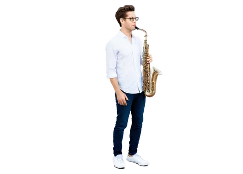 Saxophonist, male musician, solo performance, (30yo), messy brown hair, thin-framed glasses, casual white shirt, black jeans, Converse shoes, holding silver saxophone, blowing air, smooth jazz music, 