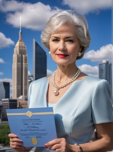 Certification ceremony, mature lady, elegant formal wear, pearl necklace, short hair, subtle makeup, standing confidently, holding certificate, architectural model, modern skyscraper background, citys