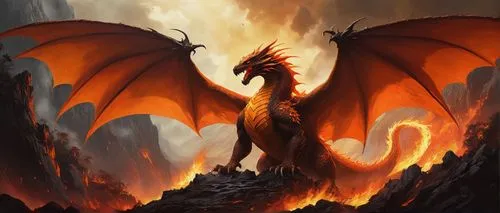 Volcanic landscape, Charizard, majestic, fiery orange scales, wings spread wide, flames erupting from mouth, intense gaze, rugged terrain, rocky cliffs, lava flows, steam vents, misty atmosphere, warm