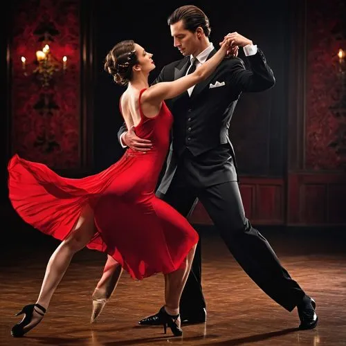 Artistas talentosos. Hermosos jóvenes, hombre y mujer, ejecutando un tango apasionado sobre un fondo negro de estudio. La seda del vestido rojo de la mujer contrasta con el traje negro del hombre, mie