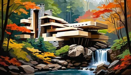 Venturi's Fallingwater, complex geometry, contradictory forms, bold juxtapositions, rugged stone walls, smooth glass surfaces, cantilevered decks, asymmetrical composition, dynamic angles, dramatic li