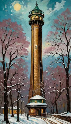 watertower,water tower,fire tower,light house,david bates,lighthouse,electric lighthouse,winter landscape,clock tower,observatory,leanderturm,red lighthouse,snow scene,electric tower,murano lighthouse,corona winter,lamplighter,olympia tower,batemans tower,christmas landscape,Art,Artistic Painting,Artistic Painting 07