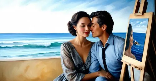 Peinture à l'huile de cette femme amoureuse photographiée par l'homme qu'elle aime. ,a painting of a couple kissing and holding an easel on a beach,vettriano,photo painting,oil painting on canvas,oil 